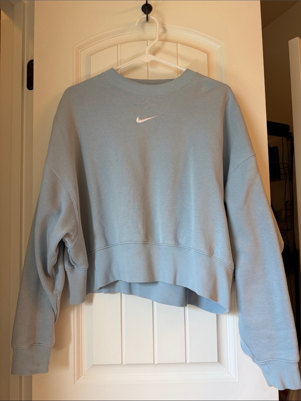 Nike Pastel Blue Cropped Crew Sweatshirt with White Swoosh